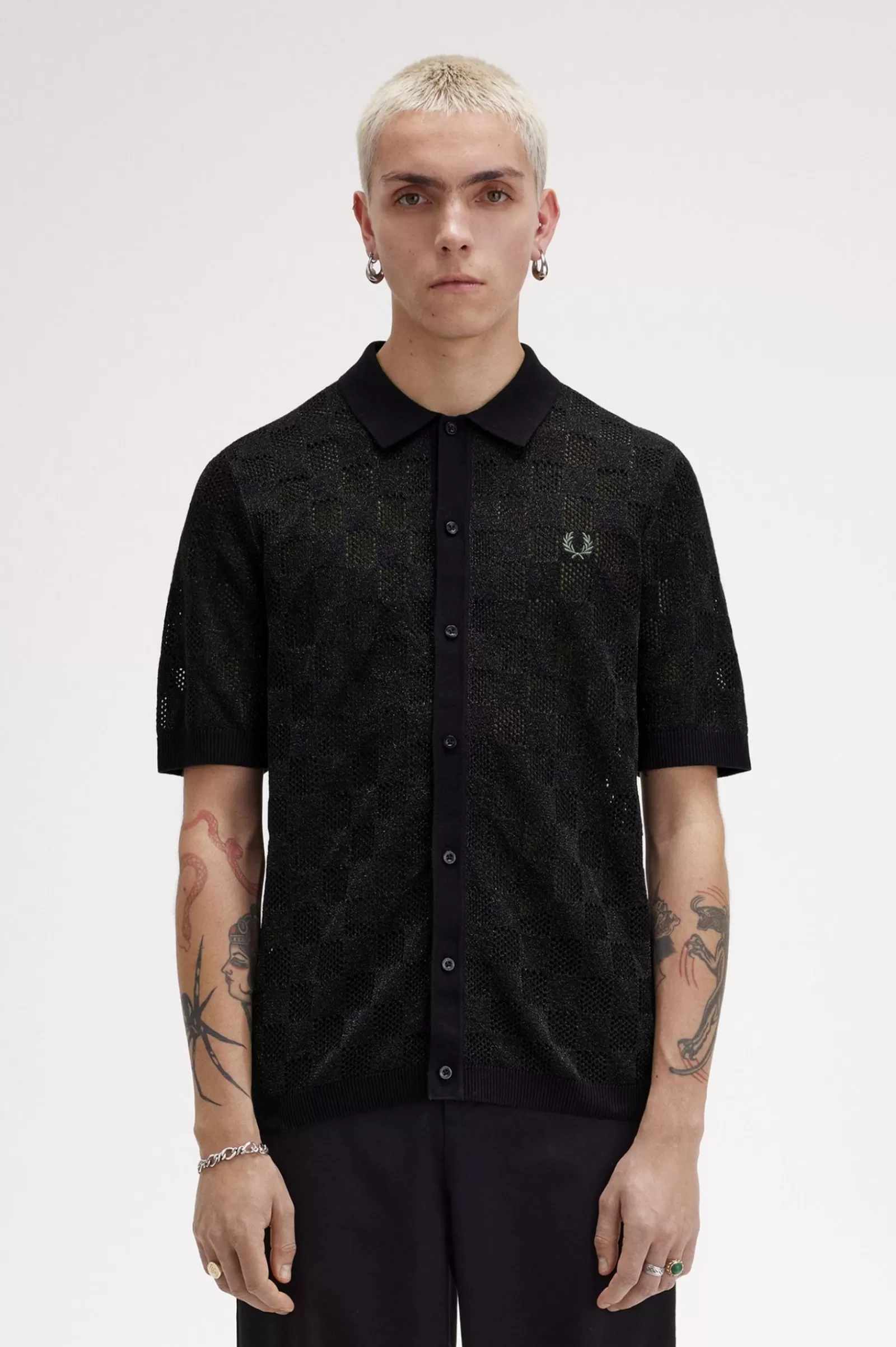 Online Metallic Chequerboard Knit Shirt Knitwear