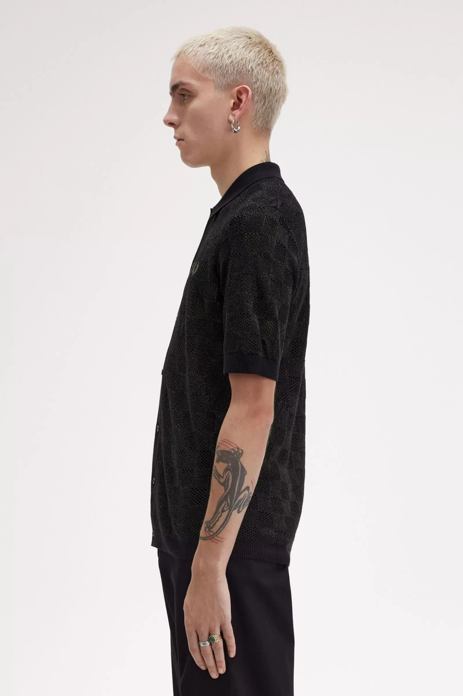 Online Metallic Chequerboard Knit Shirt Knitwear